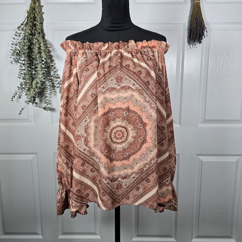 Belle + Sky Pink Paisley Blouse Off Shoulder Balloon Sleeve Peasant Large Ruffle